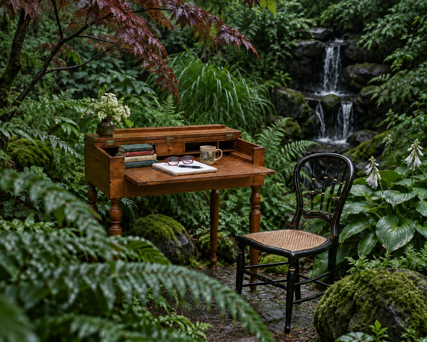 A wooden writing desk and black cane-seat chair surrounded by lush ferns, maple branches, and a garden waterfall