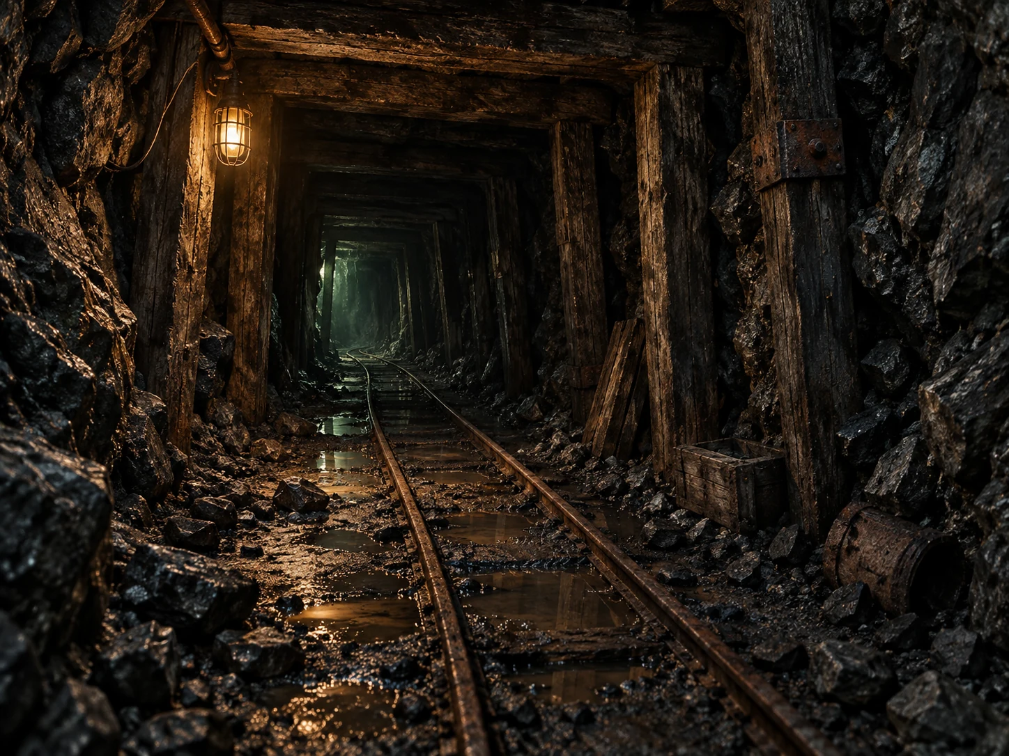 Imagined coal-mine tunnel with timber supports, damp rails, and a lamplit passage into darkness