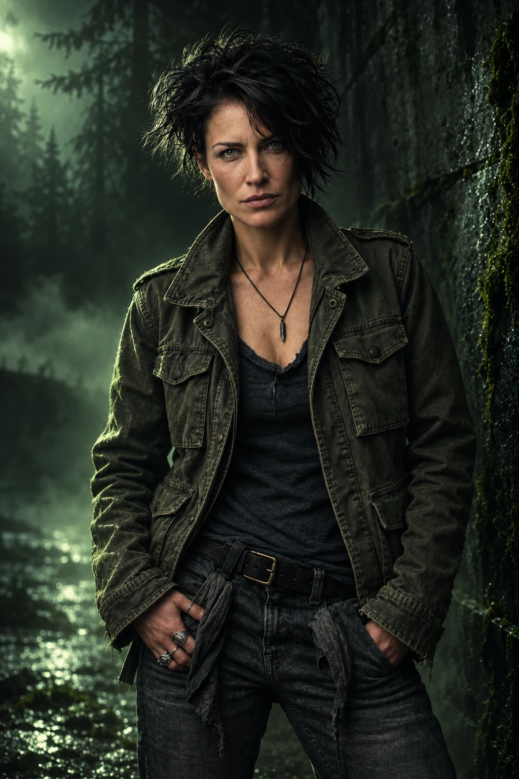 Meg Walker, with tousled dark hair and a faded olive army-surplus jacket
